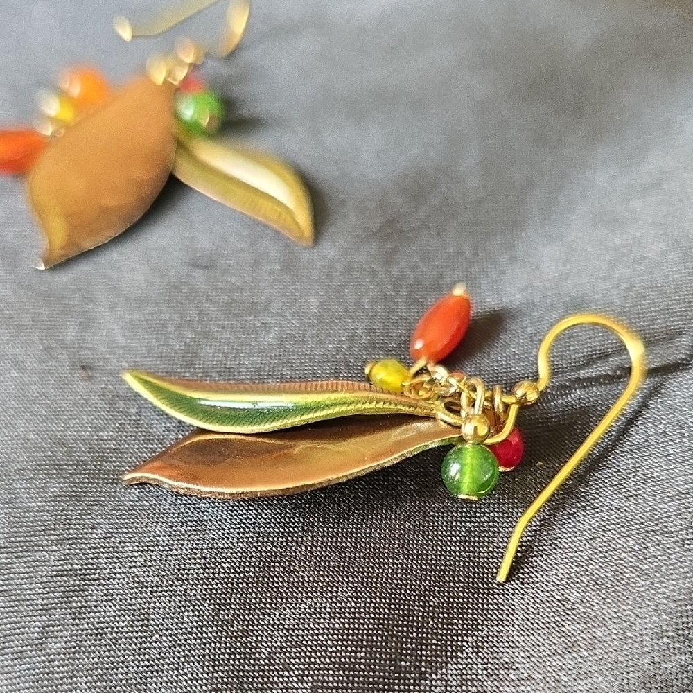 Silver Forest Gold Leaf Earrings with Multicolor Beads - Picture 4 of 4
